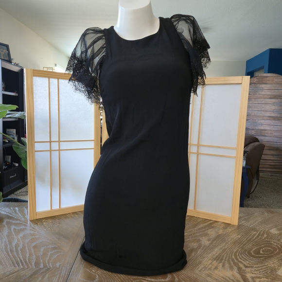 Sandro Paris Black Lace Sleeve Mini Dress Women’s 36 (US 4) Gothic Cocktail LBD - Picture 1 of 8